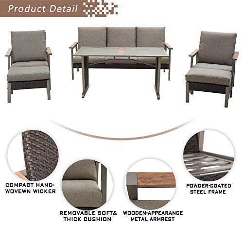 Festival Depot 6pcs Patio Conversation Set Metal Armchair All Weather Wicker Ottoman Rattan 3-Seater Sofa with Grey Thick Cushions and Dining Table Outdoor Furniture for Deck Poolside 