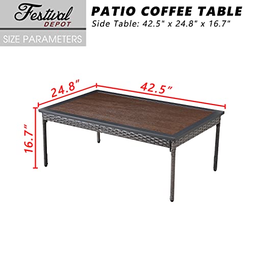 Elegant Rattan Coffee Table with Wood-Like Metal Frame for Outdoor