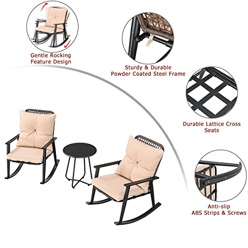 Deluxe 3 Piece Beige PE Wicker Rocking Chair Bistro Set with Cushions and Metal Coffee Table