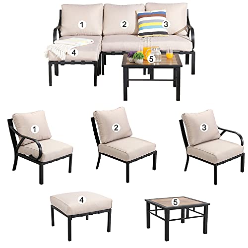 Festival Depot 5 Pieces Patio Conversation Set Sectional Chair Ottoman with Thick Cushions and Side Coffee Table All Weather Metal Outdoor Furniture for Deck Garden, Beige 