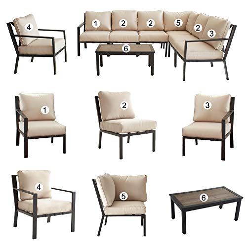 Festival Depot 8-Pieces Patio Outdoor Furniture Conversation Sets Loveseat Sectional Sofa, All-Weather Black X Slatted Back Chairs with Coffee Table and Thick Soft Removable Couch Cushions (Beige)
