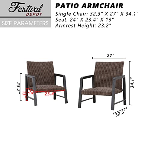 Festival Depot 2Pcs Patio Armchair Set, PE Wicker Bistro Set, All-Weather Dining Chairs with Soft Cushion Quick-Drying Cotton Built-in Under Seat Outdoor Furniture for Backyard Porch Lawn Deck Garden