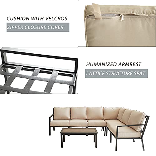 Festival Depot 7 Pieces Patio Furniture Set All-Weather Polyester Fabrics Metal Frame Sofa Outdoor Conversation Set Sectional Corner Couch with Cushions & Coffee Table for Deck Poolside Balcony(Beige)