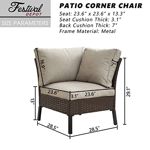 Festival Depot 1 Pc Patio Wicker Rattan Sectional Corner Sofa Seat Outdoor Chair Furniture with Thick Cushions and Metal Frame for Deck Porch Poolside Garden
