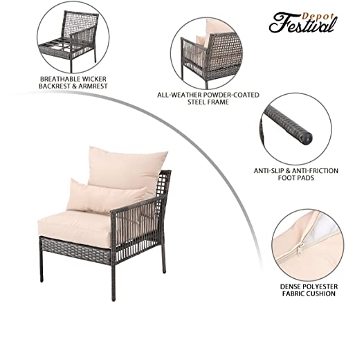 Festival Depot Patio Wicker Dining Chair, All-Weather Rattan Sectional Sofa Outdoor Furniture with Metal Frame Removable Seat & Back Cushion Pillow for Garden Pool Backyard Lawn (Beige)