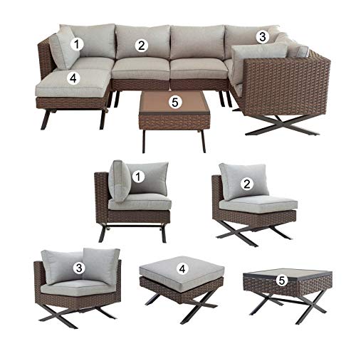 Festival Depot 7pcs Outdoor Furniture Patio Conversation Set Sectional Corner Sofa Chairs with X Shaped Metal Leg All Weather Brown Rattan Wicker Ottoman Side Coffee Table with Grey Seat Back Cushions 