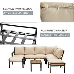 Festival Depot 8-Pieces Patio Outdoor Furniture Conversation Sets Sectional Corner Sofa, All-Weather Black X Slatted Back Chairs with Coffee Side Table and Soft Removable Couch Cushions (Beige)
