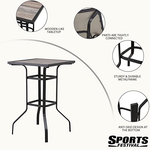 Sports Festival 5 Pcs Patio Bistro Height Set Outdoor Furniture, 4 Backless Bar Stool Chair with a Round Seat, Foot Pedals and Wooden Finish Desktop Metal Frame Steel Square Table for Deck Garden Lawn 
