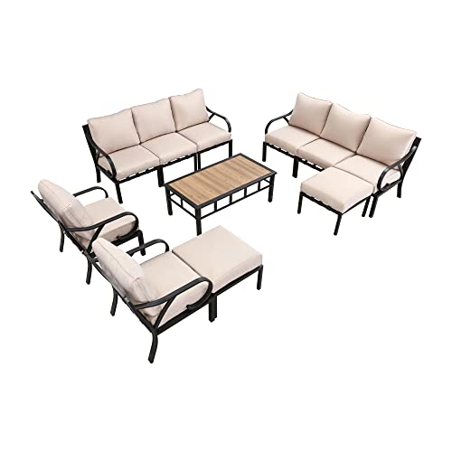 Festival Depot 11 Pieces Patio Conversation Set Sectional Sofa Armchair Ottoman with Thick Cushions and Coffee Table All Weather Metal Outdoor Furniture for Deck Garden, Beige
