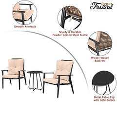 Festival Depot 7 Pieces Outdoor Fire Pit Table Set, Patio Conversation Set, Square Propane Gas Table, 4 PE Wicker Armchairs w/Cushions and 2 Side Table Metal Furniture (Beige)