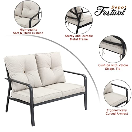 Festival Depot 1 Piece Patio Loveseat Outdoor Furniture, All-Weather 2-Seats Sofa with Curved Armrest, Metal Steel Frame and Detachable Seat & Back Cushion for Porch Balcony Deck Poolside, Beige 