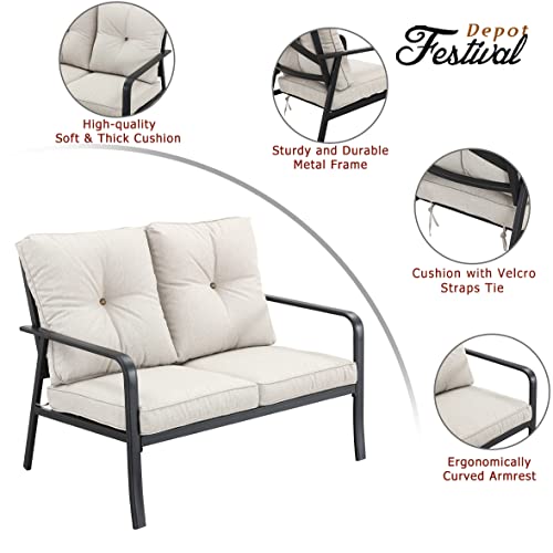 Festival Depot 1 Piece Patio Loveseat Outdoor Furniture, All-Weather 2-Seats Sofa with Curved Armrest, Metal Steel Frame and Detachable Seat & Back Cushion for Porch Balcony Deck Poolside, Beige