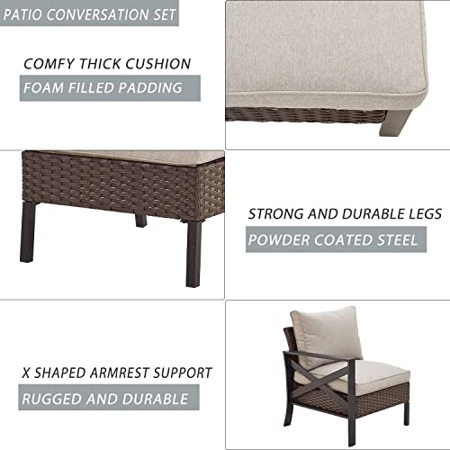 Festival Depot 6 Piece Patio Conversation Set Wicker Armchair with Thick Cushions and Rattan Coffee Table Metal Frame Outdoor Furniture for Porch Garden Backyard 