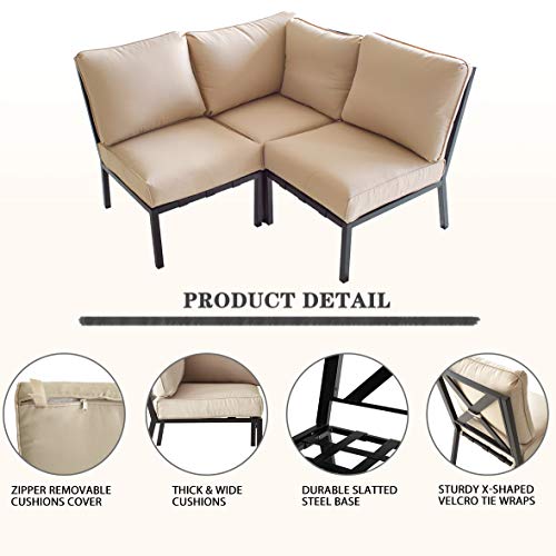 Festival Depot 3 Pieces Patio Sectional Corner Sofa Set Outdoor All-Weather Metal Chairs with Seating Back Cushions Garden Poolside(Beige) 