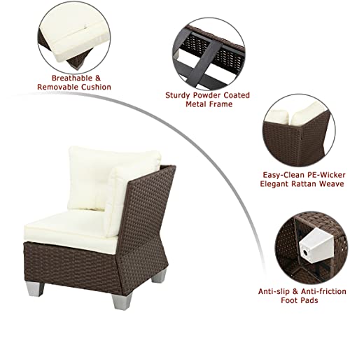 Festival Depot Patio Rattan Wicker Single Sofa Outdoor Sectional Chair with Removable Cushion Metal Frame All Weather Waterproof Furniture Seating for Garden Yard Lawn Pool (Beige)