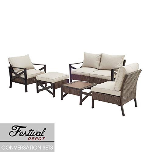 Festival Depot 6-Piece Bistro Outdoor Patio Furniture Conversation Set Wicker Rattan X-Arm Corner Chairs Ottoman with Cushion Square Wood Grain Top Side Table with Side X Shaped Slatted Steel Legs