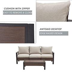 Festival Depot 4 Pieces Patio Furniture Set All-Weather Rattan Wicker Metal Frame Sofa Chair Outdoor Conversation Set Sectional Armrest Couch with Cushions and Coffee Table for Deck Poolside