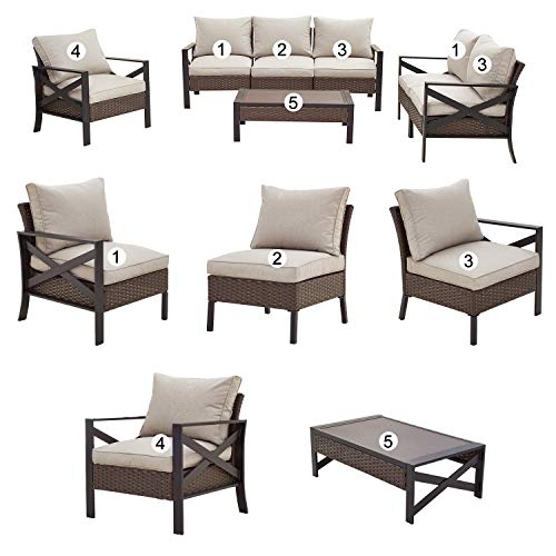 Festival Depot 7 Pcs Patio Outdoor Furniture Loveseat Conversation Set Sectional Sofa with All-Weather Brown Wicker Back Chair, Coffee Side Table, Ottoman and Soft Thick Removable Couch Cushion 