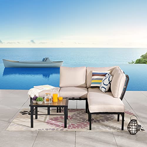 Festival Depot 6 Pieces Patio Conversation Set Sectional Metal Corner Chair Ottoman with Side Table and Thick Cushions All Weather Outdoor Furniture for Deck Garden, Beige