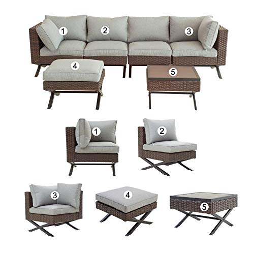 Festival Depot 6pcs Outdoor Furniture Patio Conversation Set Sectional Corner Sofa Chairs with X Shaped Metal Leg All Weather Brown Rattan Wicker Ottoman Side Coffee Table with Grey Seat Back Cushions