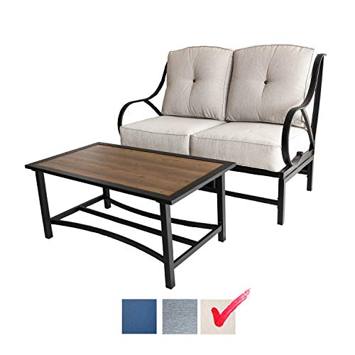 Festival Depot 2 Pieces Patio Loveseat Metal Frame with Coffee Table Set Conversation Premium Fabric Metal Frame Furniture Set Garden Bistro Seating Chair Thick&Soft Cushion (Loveseat, Beige) 