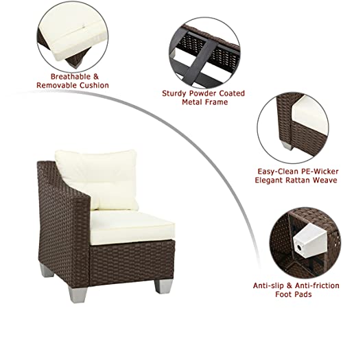 Festival Depot Patio Rattan Wicker Single Sofa Outdoor Sectional Chair with Removable Cushion Metal Frame All Weather Waterproof Furniture Seating for Garden Yard Lawn Pool (Beige)