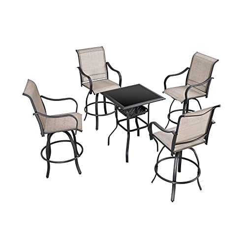 Festival Depot 3 Pcs Patio Bistro Bar Set High Stools Outdoor Furniture with 360° Swivel Armrest Chairs, Coffee Table with Tempered Glass Desktop, Metal Frame for Deck Poolside Garden Porch