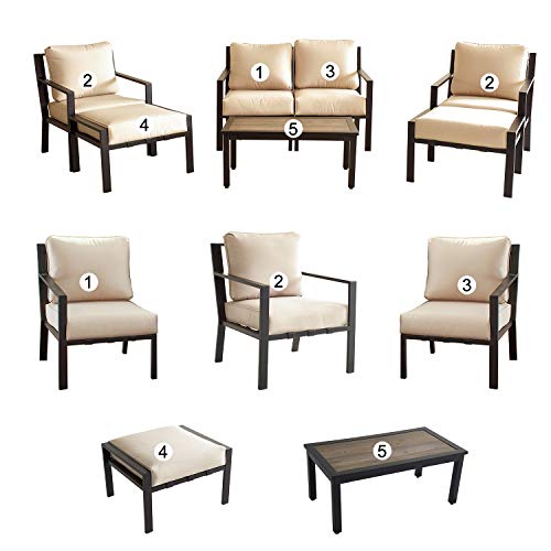 Festival Depot 7-Pieces Patio Outdoor Furniture Conversation Sets Loveseat Sectional Sofa, All-Weather Black Slatted Back Chairs with Coffee Table and Thick Soft Removable Couch Cushions(Beige) 