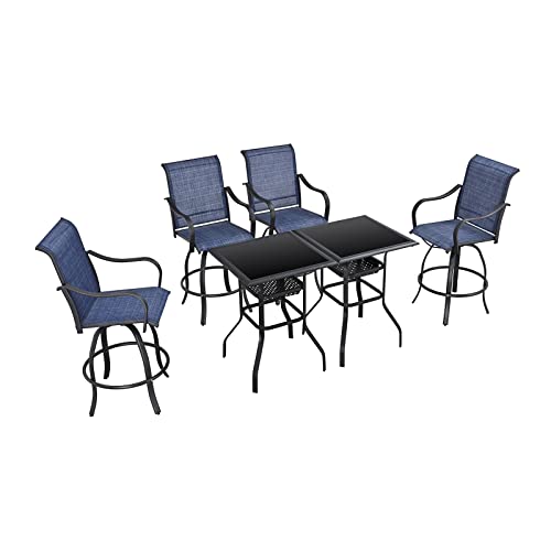 Festival Depot 3 Pcs Patio Bistro Bar Set High Stools Outdoor Furniture with 360° Swivel Armrest Chairs, Coffee Table with Tempered Glass Desktop, Metal Frame for Deck Poolside Garden Porch