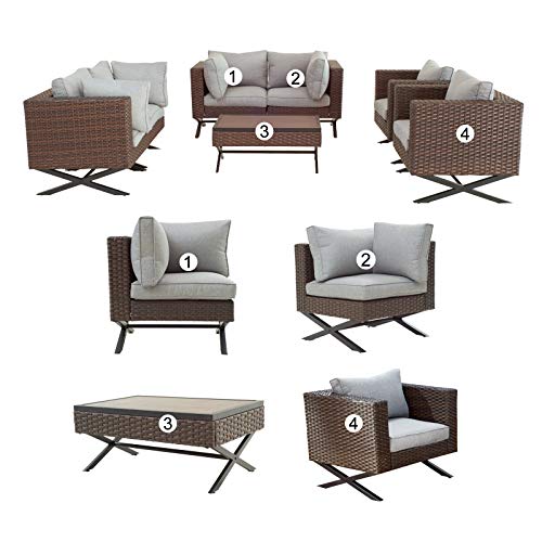 Festival Depot 7pcs Outdoor Furniture Patio Conversation Set Sectional Sofa Chairs with X Shaped Metal Leg All Weather Brown Rattan Wicker Coffee Table with Grey Thick Seat Back Cushions