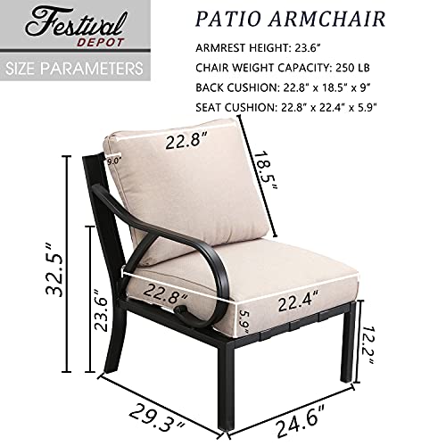 Festival Depot 1 Piece Patio Sofa Chair Outdoor Furniture Metal Armchair with Thick Seat and Back Cushions for Bistro Porch Balcony, Beige
