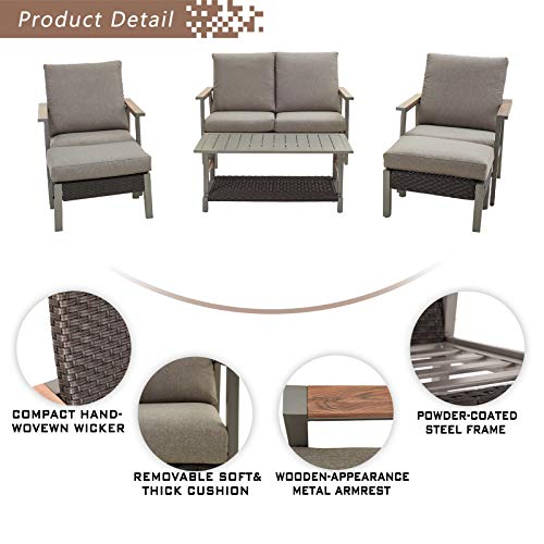 Festival Depot 6pcs Patio Conversation Set All Weather Metal Armchair Wicker Glider Loveseat Rattan Ottoman with Grey Thick Cushions and Coffee Table Outdoor Furniture for Garden Deck