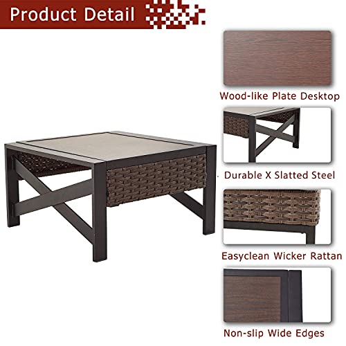 Festival Depot Metal Outdoor Side Coffee End Table Patio Bistro Living Room Dining Table Wood Grain Top Wicker Rattan Furniture with Side X Shaped Slatted Steel Legs Brown Black 