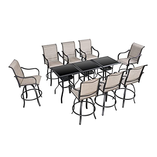 Festival Depot 3 Pcs Patio Bistro Bar Set High Stools Outdoor Furniture with 360° Swivel Armrest Chairs, Coffee Table with Tempered Glass Desktop, Metal Frame for Deck Poolside Garden Porch
