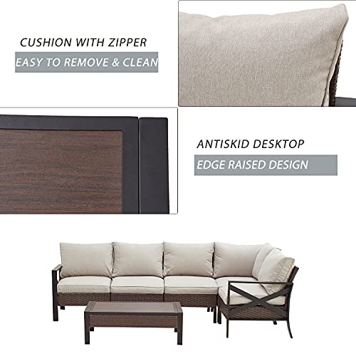 Festival Depot 6 Pieces Patio Furniture Set All-Weather Rattan Wicker Metal Frame Sofa Chair Outdoor Conversation Set Sectional Corner Couch with Cushions and Coffee Table for Deck Poolside 