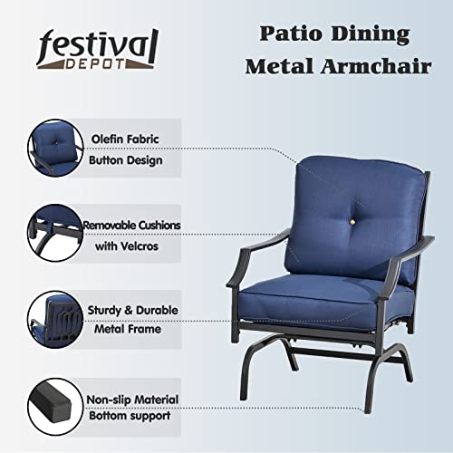 Festival Depot 2 of Outdoor Patio Bistro Armrest Chairs with Cushions Set Premium Fabric Metal Frame Furniture Set Garden Dining Seating Chair Thick & Soft Cushions 