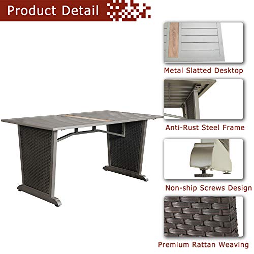 Festival Depot Patio Dining Table Rectangle Wicker Table in Metal Frame with Woven Rattan Outdoor Furniture for Pool Garden Deck