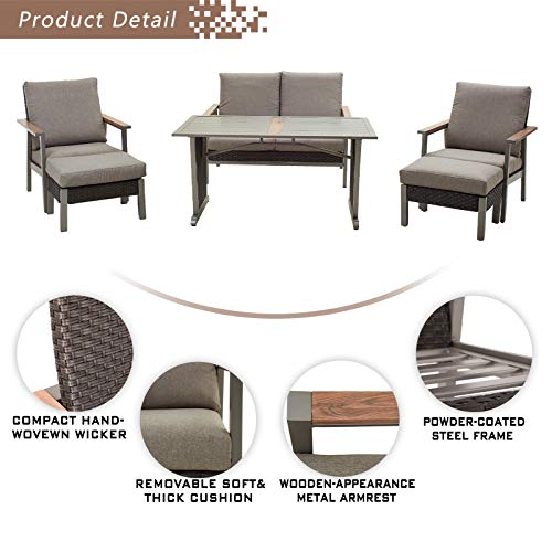 Festival Depot 6pcs Patio Conversation Set Metal Armchair All Weather Wicker Loveseat Rattan Ottoman with Grey Thick Cushions and Coffee Table Outdoor Furniture for Deck Poolside