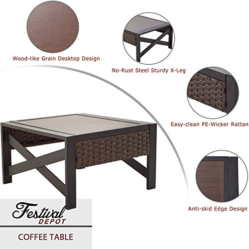 Festival Depot Coffee Outdoor Dining Furniture Bistro Side Patio Table Square Wicker Rattan Wood Grain Desktop with Side X Shaped Slatted Steel Leg Lawn Garden All Weather 21.7"(L) x 21.7"(W) x 13"(H)