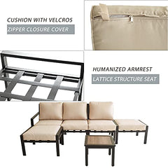 Festival Depot 6-Pieces Patio Outdoor Furniture Conversation Sets Sectional Sofa, All-Weather Black Slatted Back Chairs with Square Coffee Table, Ottoman and Removable Thick Soft Couch Cushions(Beige)