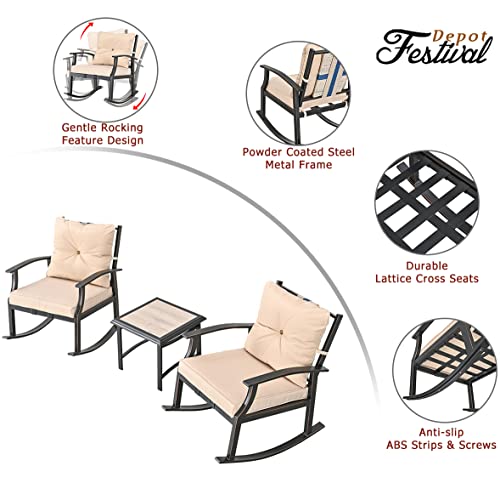 Elegant 3-Piece Rocking Bistro Set with Hand-Woven Textilene Rope, Beige Cushions, and Metal Coffee Table