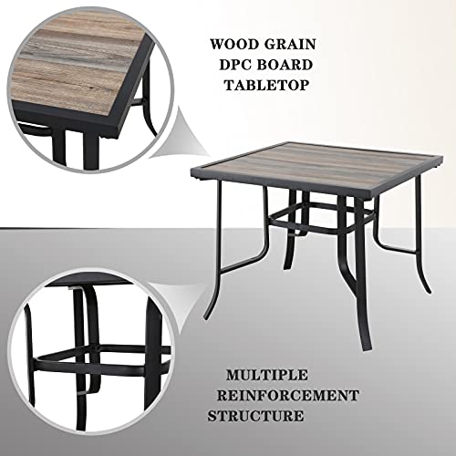 Festival Depot 5Pcs Patio Dining Set of 4 High Back Chairs with Textilene Fabric and 1 Square Metal Table with Wood-Like DPC Tabletop and Curved Steel Legs for Backyard Deck Garden