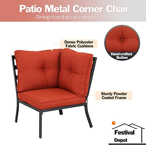 Festival Depot Patio Dining Corner Chair Outdoor Bistro Single Sofa with Removable Thick Cushion Metal Frame All Weather Sectional Conversation Furniture for Backyard Pool Deck Garden (Red)