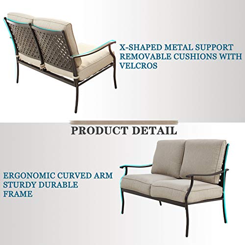 Festival Depot 4Pcs Outdoor Furniture Patio Conversation Set All Weather Black Metal Armchair Loveseat with Seat and Back Cushions, 3-Seating Chair, Rectangle Coffee Tables for Deck Lawn Garden