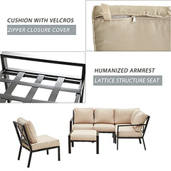 Festival Depot 6 Pieces Patio Outdoor Furniture Conversation Sets Sectional Corner Sofa, All-Weather Black X Shaped Slatted Back Chairs with Ottoman and Thick Soft Removable Couch Cushions (Beige)
