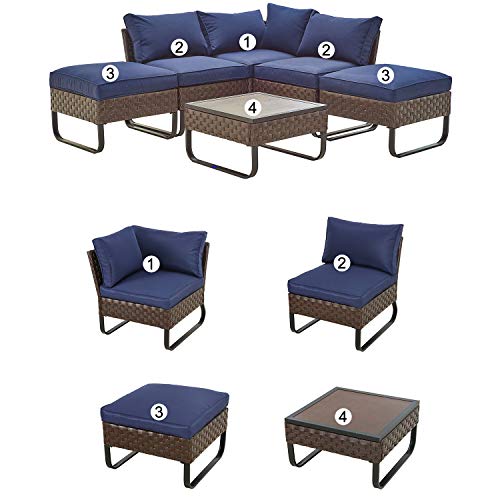 Festival Depot 6 Pieces Patio Conversation Sets Outdoor Furniture Sectional Corner Sofa, All-Weather PE Rattan Wicker Back Chair with Coffee Table Ottoman and Thick Soft Removable Couch Cushions(Blue)