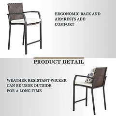 Festival Depot 6 Pcs Patio Bar Set of 4 Wicker Stools with Cushions Rattan High Stools with Armrests and 2 Tempered Glass Top Counter Tables in Metal Frame Outdoor Furniture for Bistro Garden