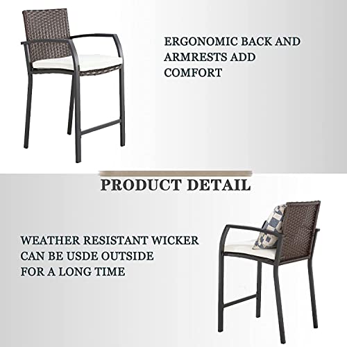 Festival Depot 5 Pcs Patio Bar Set of 4 Wicker Stools with Cushions Rattan High Stools with Armrests and Tempered Glass Top Counter Table in Metal Frame Outdoor Furniture for Bistro Garden