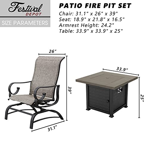 Festival Depot 5Pcs Patio Fire Pit Table Set, Outdoor Furniture Conversation Set, Propane Square Table and 4 Armchairs with High Textilene Back and Metal Frame for Backyard Porch Deck Garden (Grey) 