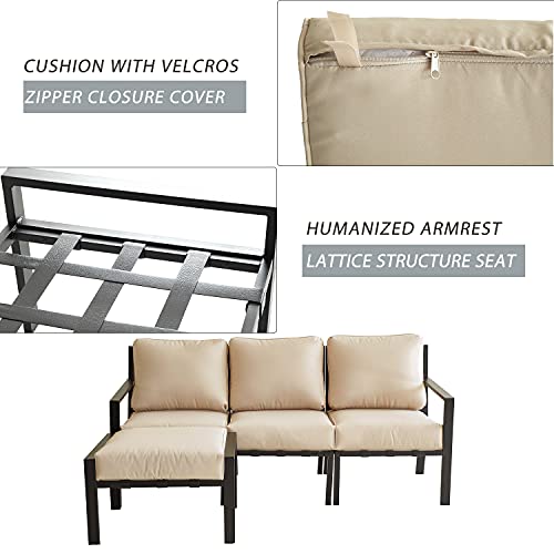 Festival Depot 4-Piece Patio Sectional Corner Sofa Set Outdoor All-Weather Metal Chairs for Porch Lawn Garden Balcony Pool Backyard, Grey Cushions, Black 